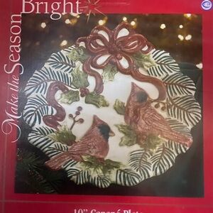 Festive Cardinal Ceramic Plate with Holly Accents 10”